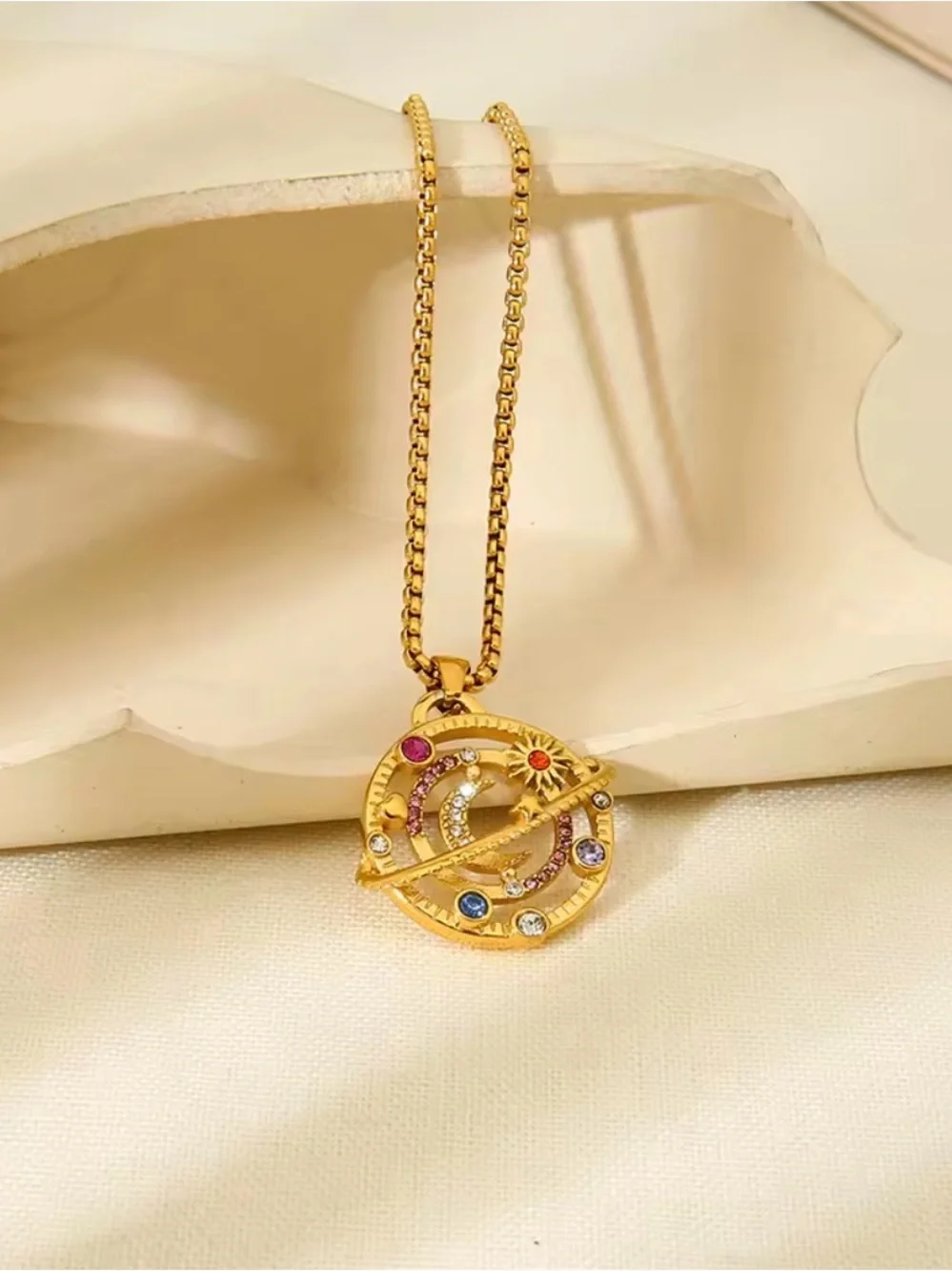 NEW 18K Gold Plated Moon Star Planet Necklace Stainless Steel